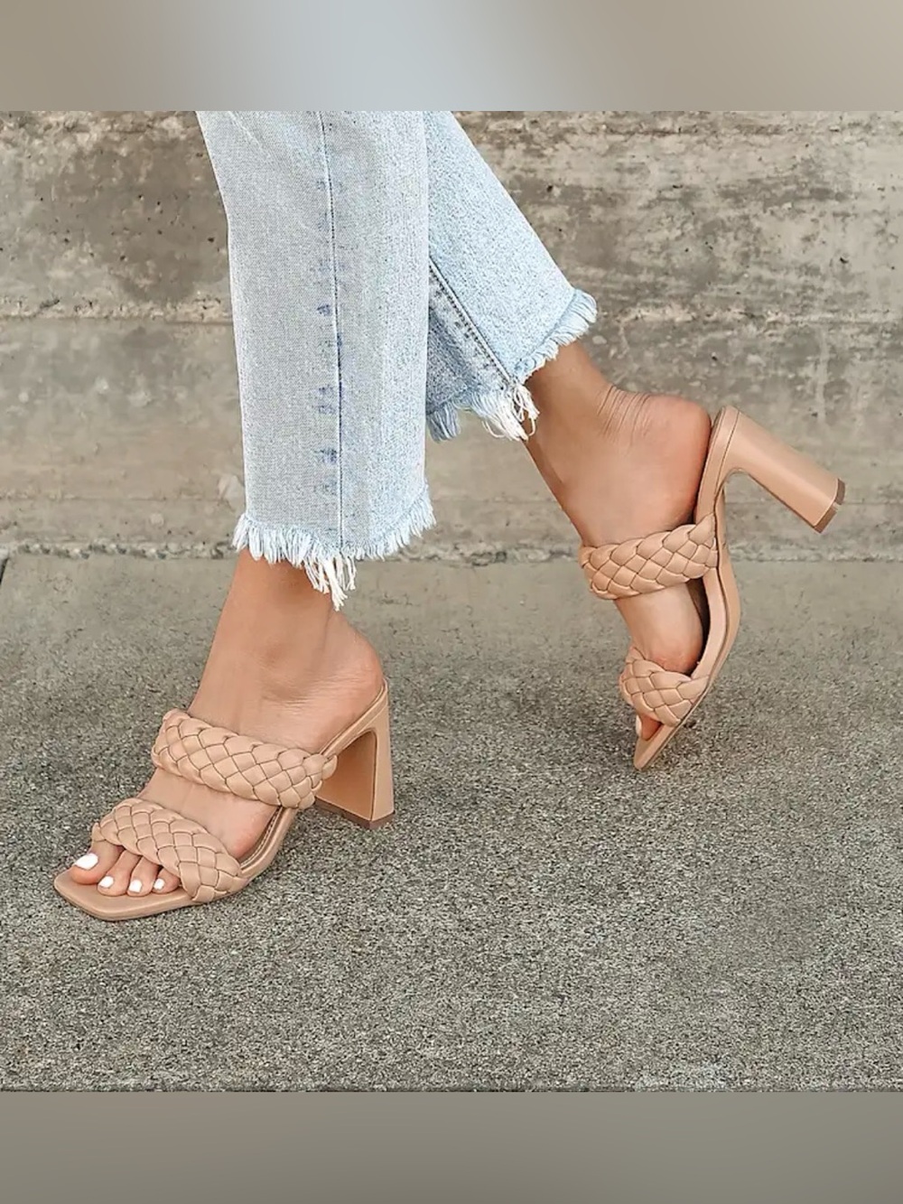 Braided Strap Nude Block Heel Sandals - Women's Slip-On Heels